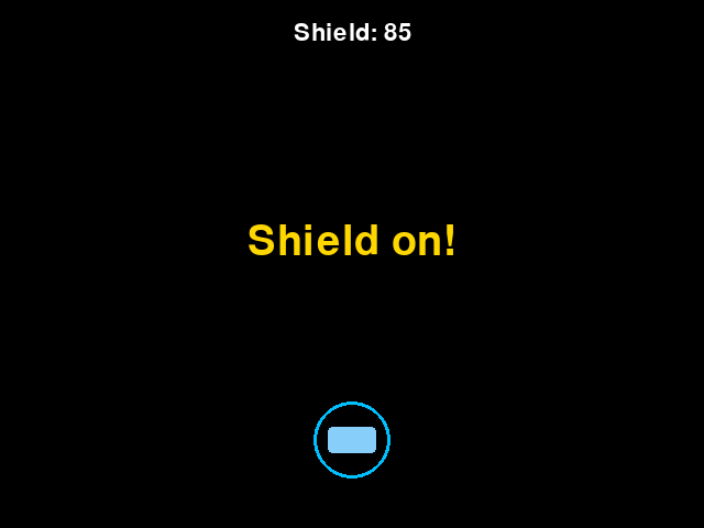 A black space scene with a pale blue ship near the bottom ringed by a blue shield, a "Shield on!" banner in the middle, and a shield countdown at the top.