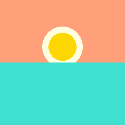 A gold sun with a pale yellow glow setting behind a turquoise sea, on salmon-colored paper.