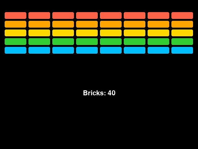 A black game window with a wall of forty bricks in five colored rows: red, orange, gold, green, and blue, with "Bricks: 40" written below.