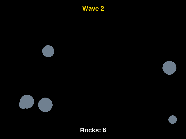 A black space scene with gray rocks of different sizes drifting down, "Wave 2" in gold at the top, and a rock count at the bottom.