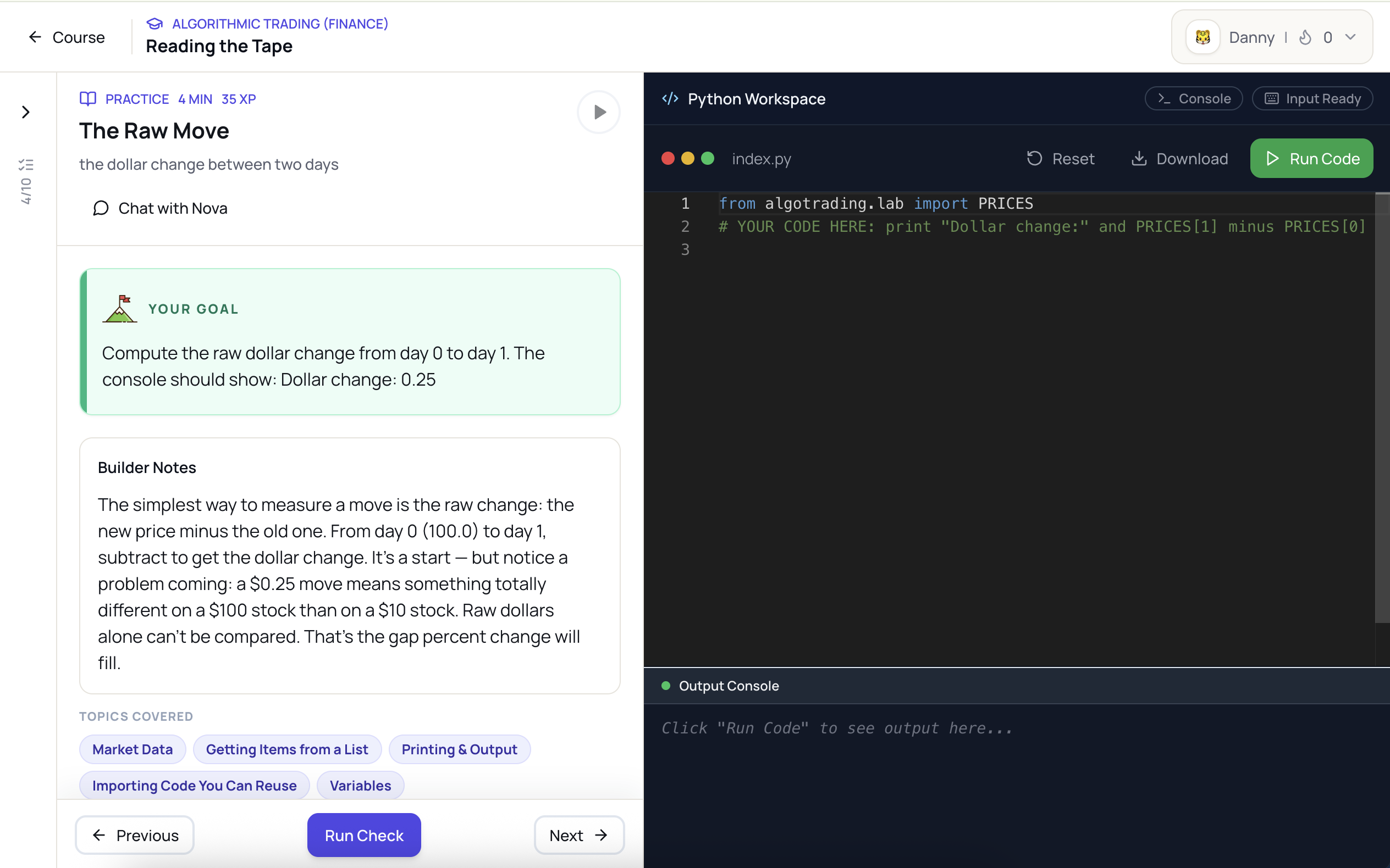 Inside the Algorithmic Trading (Finance) workspace